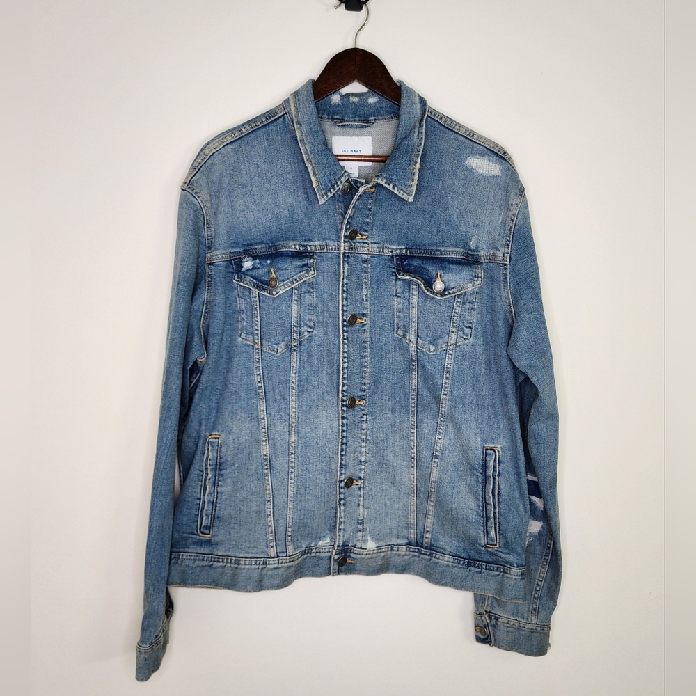 Mens Old Navy Distressed Blue Jeans Button Up Jacket XL Grunge Casual Comfort